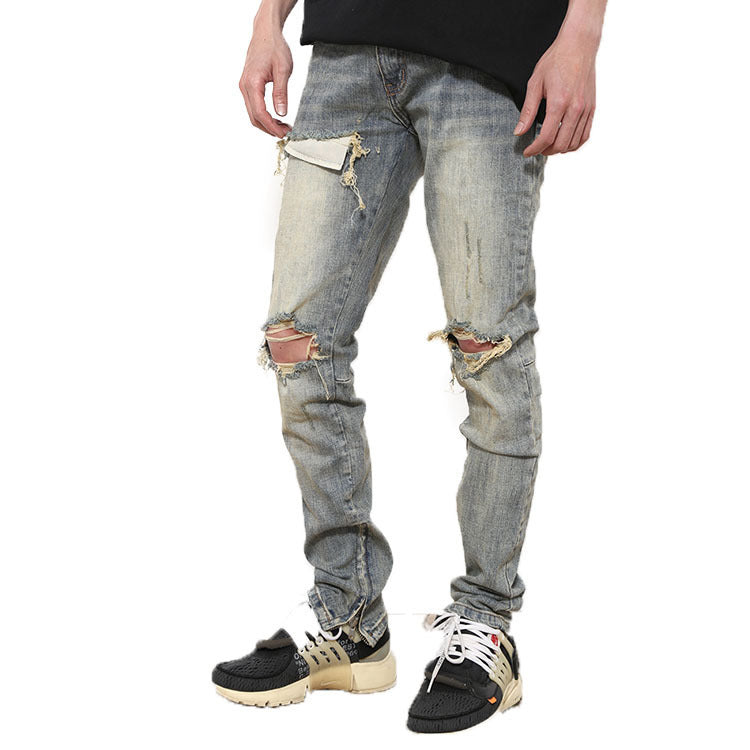 Ripped Washed Elastic Mid-waist Denim Trousers