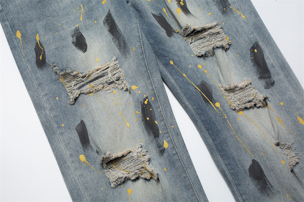 Men's Loose Washed-out Painting Splash-ink Ripped Jeans