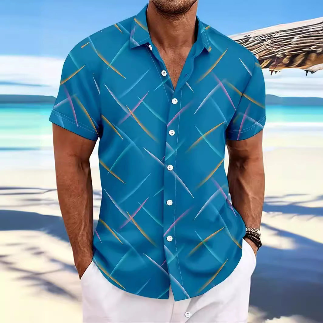 Summer New Men's Striped Feather Casual Beach Short Sleeve Button Shirt