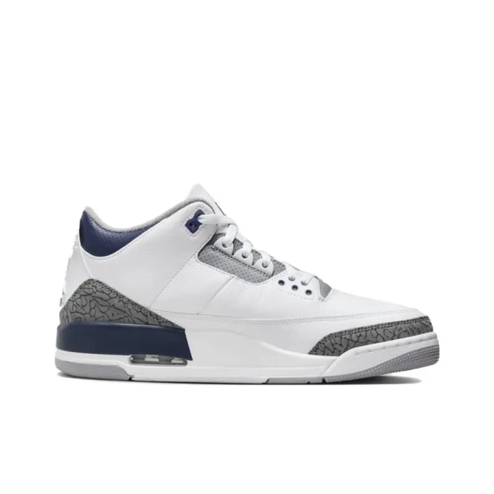 Air Jordan 3 Midnight Navy Sneakers - Classic White Leather, Iconic Grey Elephant Print, Air Cushioning