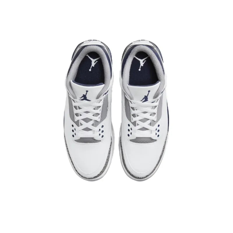 Air Jordan 3 Midnight Navy Sneakers - Classic White Leather, Iconic Grey Elephant Print, Air Cushioning