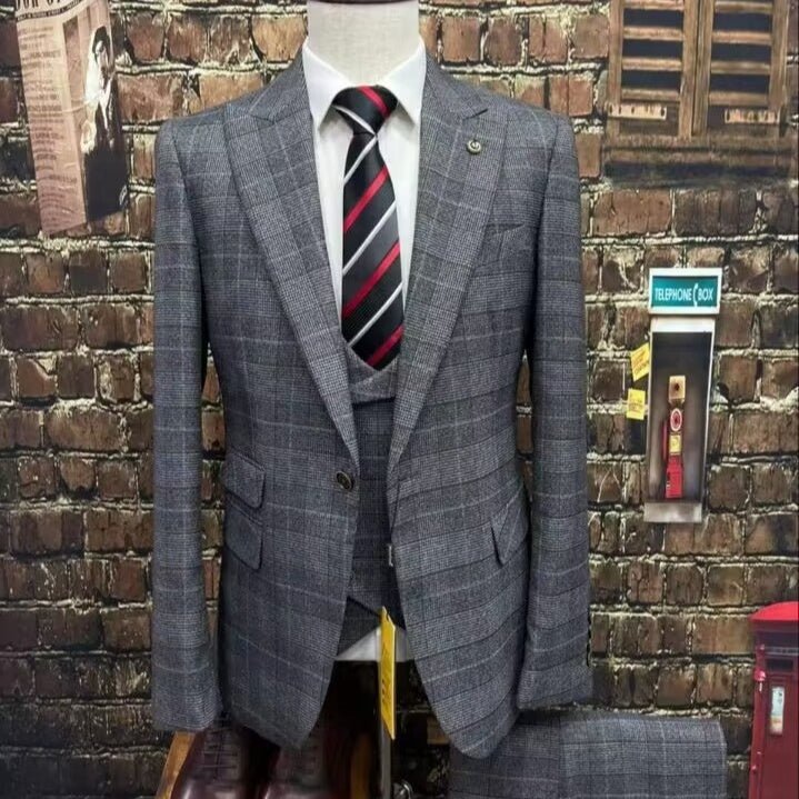 Business Slim-fit Plaid Striped Men's Suit Set