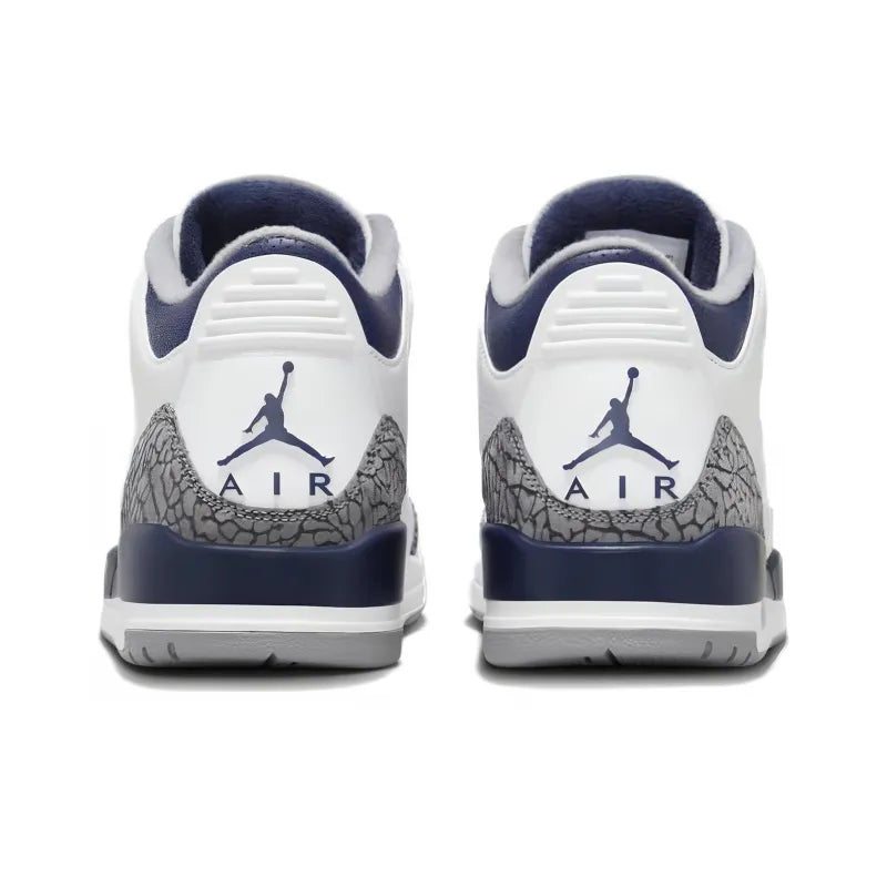 Air Jordan 3 Midnight Navy Sneakers - Classic White Leather, Iconic Grey Elephant Print, Air Cushioning