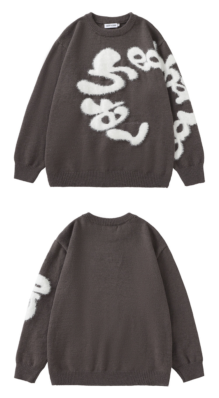 Plush Letter Crew Neck Sweater BF Men And Women Loose All-matching Sweater