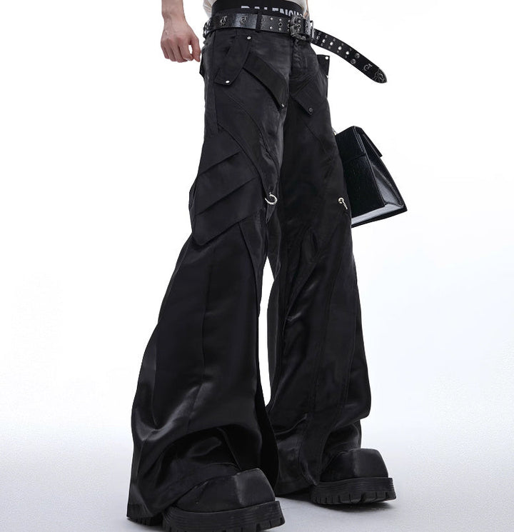 Liquid Glossy Deconstruction Leather Metal Buckle Slightly Flared Casual Pants