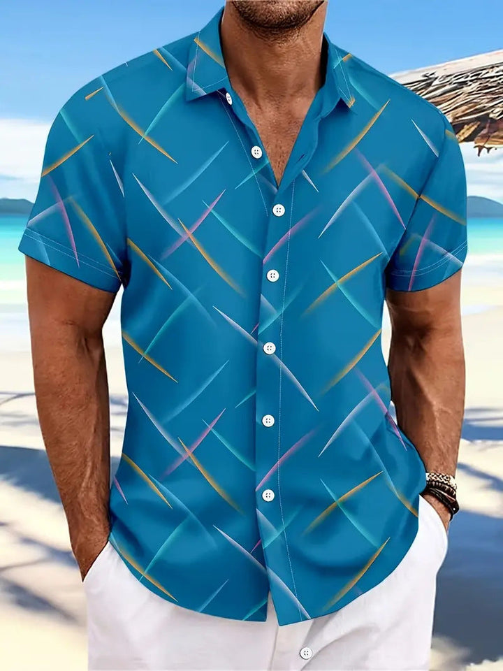 Summer New Men's Striped Feather Casual Beach Short Sleeve Button Shirt