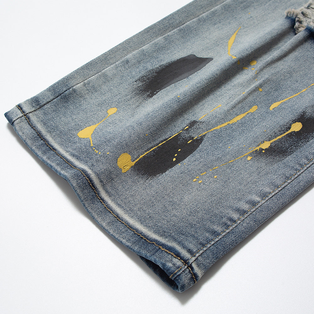 Men's Loose Washed-out Painting Splash-ink Ripped Jeans