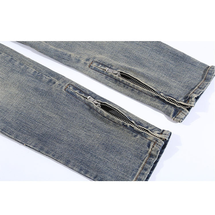 Ripped Washed Elastic Mid-waist Denim Trousers