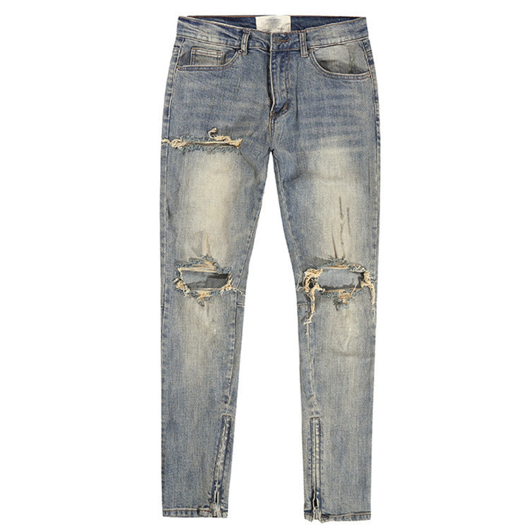 Ripped Washed Elastic Mid-waist Denim Trousers