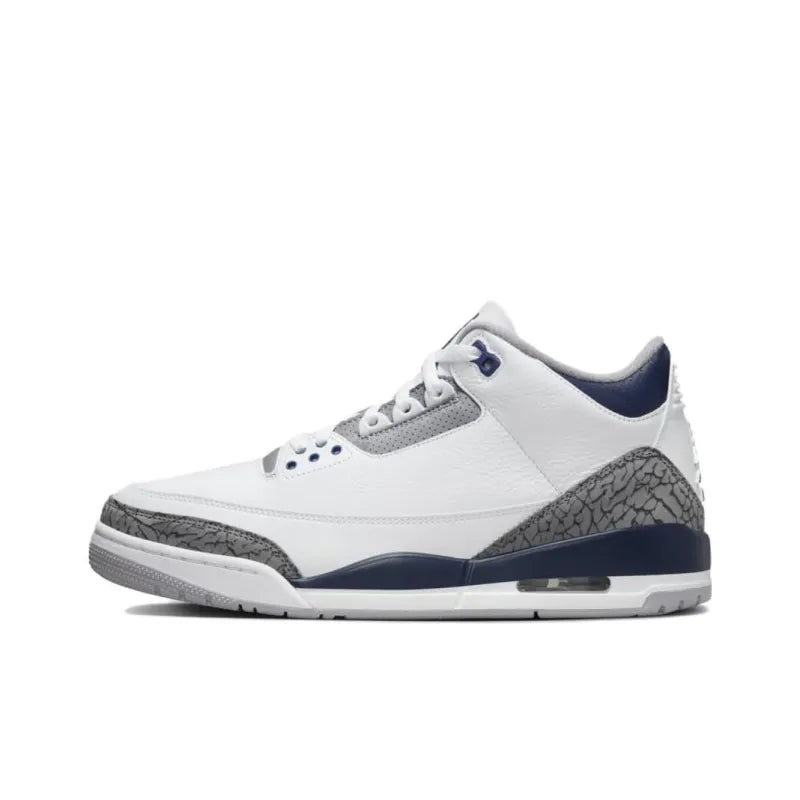 Air Jordan 3 Midnight Navy Sneakers - Classic White Leather, Iconic Grey Elephant Print, Air Cushioning