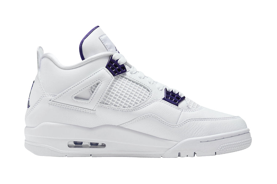 Air Jordan 4 Metallic Purple Sneakers - White Leather with Purple and Silver Accents, Jumpman Logo